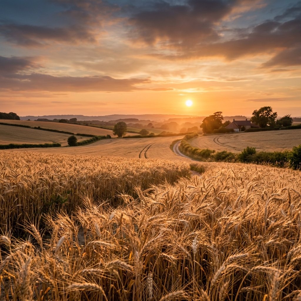 Golden wheat fields at sunset